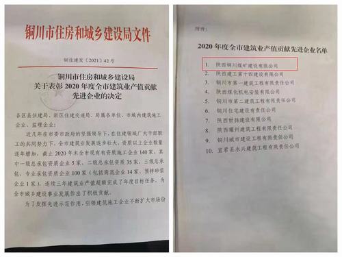 陜煤建設銅煤公司喜獲“2020年度銅川市建筑業(yè)產(chǎn)值貢獻先進企業(yè)”榮譽