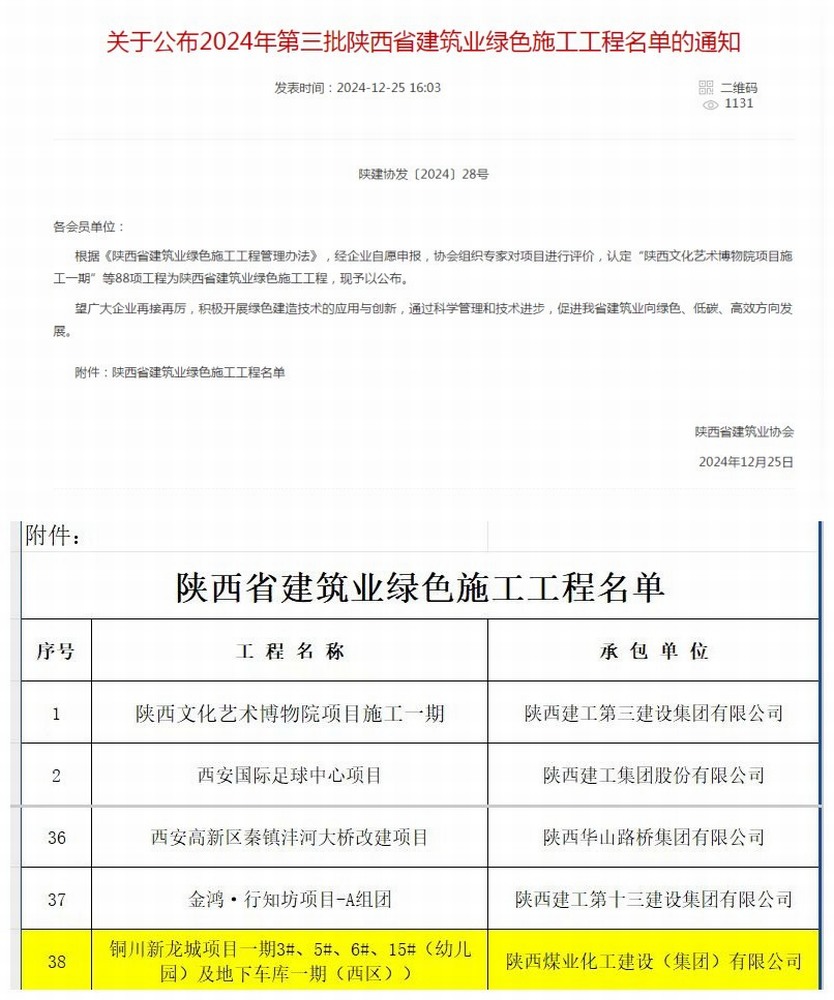 銅川新龍城項(xiàng)目一期幼兒園及地下車(chē)庫(kù)一期（西區(qū)）工程喜獲陜西省建筑業(yè)“綠色施工工程”榮譽(yù)稱(chēng)號(hào)